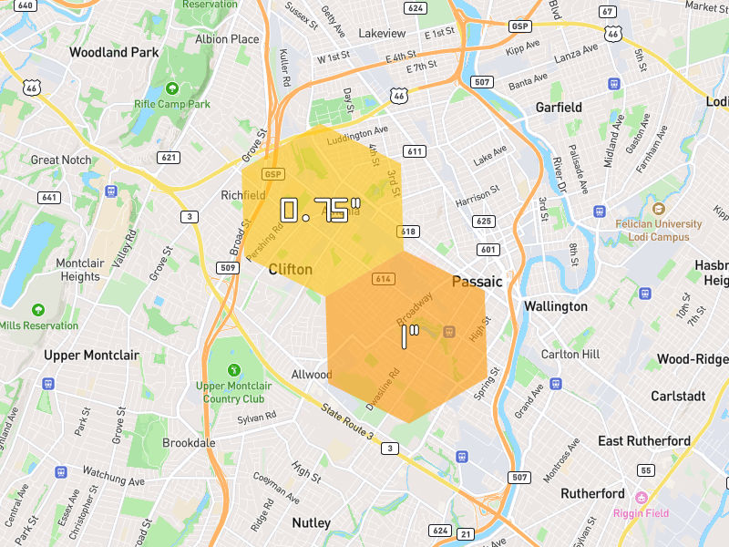 Hail map of Passaic, NJ on Jul 3, 2026, hail up to 1"