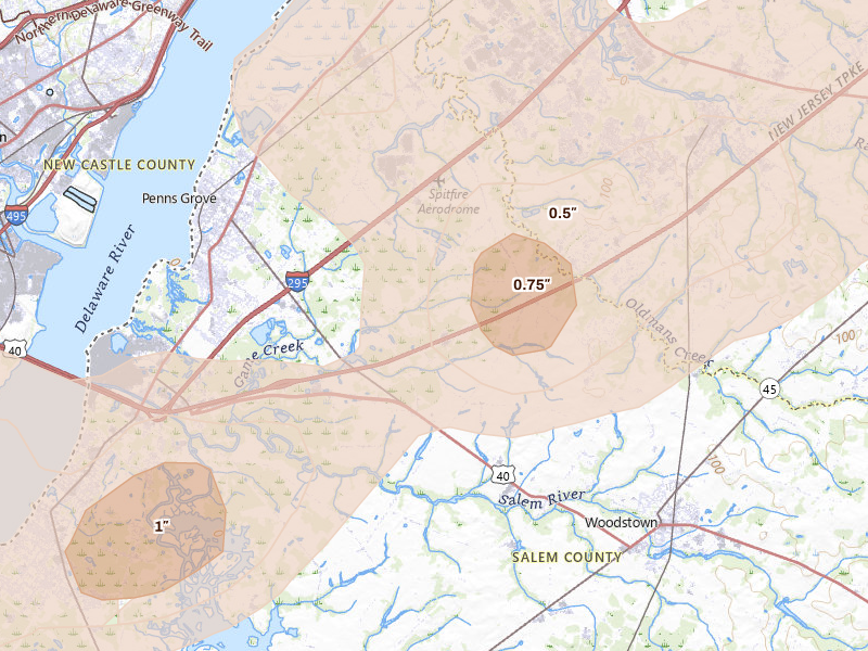 Radar-estimated hail-size map of the storm over Pedricktown, NJ on Aug 27, 2026