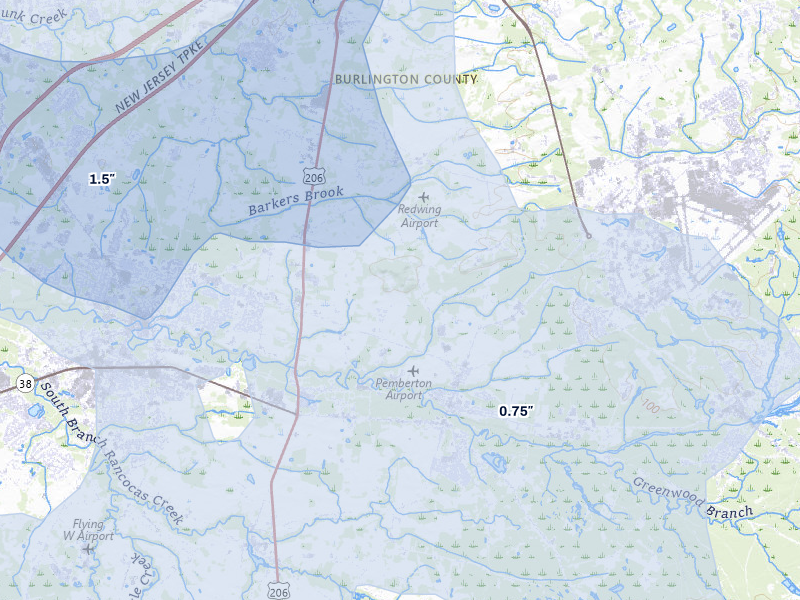 NEXRAD radar-signature map of the hail storm over Pemberton, NJ on Jul 3, 2026