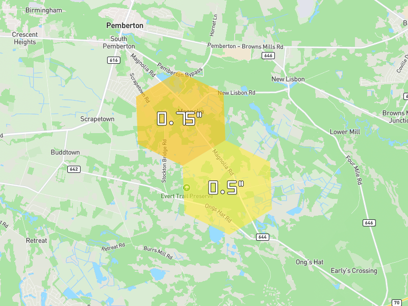 Hail map of Pemberton, NJ on Jul 4, 2026, hail up to 0.75"