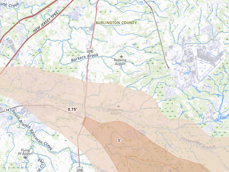 Radar-estimated hail-size map of the storm over Pemberton, NJ on Jul 16, 2026