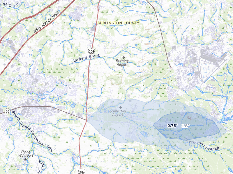 NEXRAD radar-signature map of the hail over Pemberton, NJ