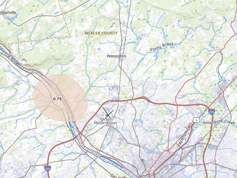 Radar-estimated hail-size map of the storm over Pennington, NJ on Jul 3, 2026