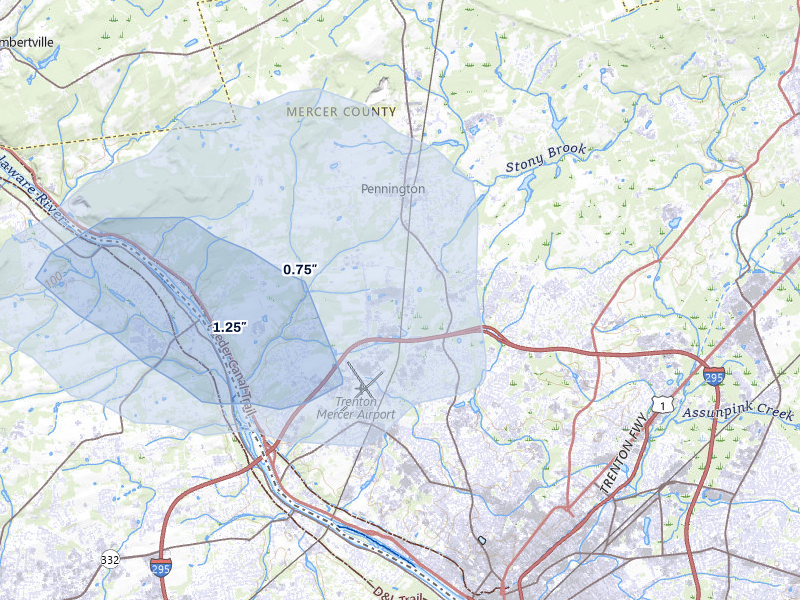 NEXRAD radar-signature map of the hail storm over Pennington, NJ on Jul 3, 2026