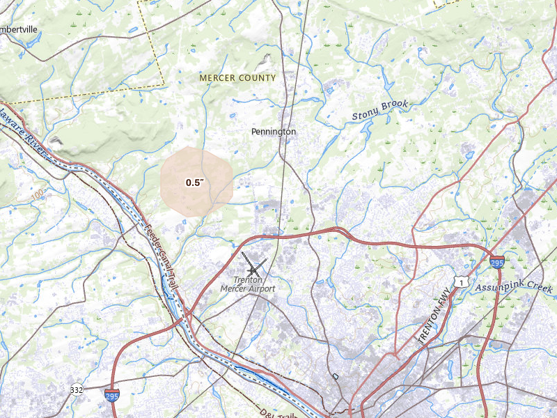 Radar-estimated hail-size map of the storm over Pennington, NJ on Jul 27, 2026