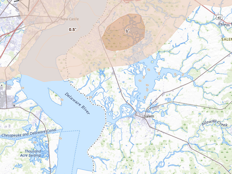 Radar-estimated hail-size map of the storm over Pennsville, NJ on Aug 27, 2026