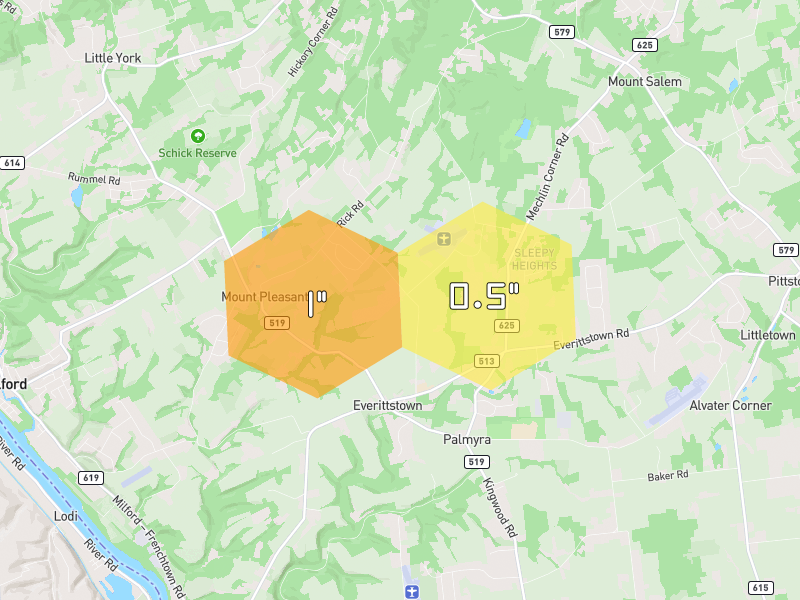 Hail map of Pittstown, NJ on Jul 3, 2026, hail up to 1"