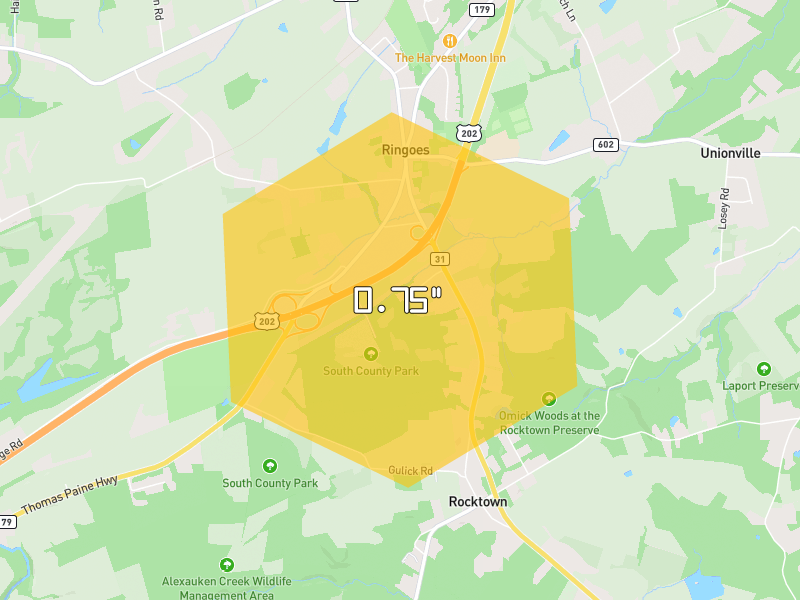 Hail map of Ringoes, NJ on Jul 28, 2026, hail up to 0.75"