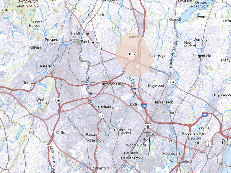 Radar-estimated hail-size map of the storm over Saddle Brook, NJ on Jun 12, 2026