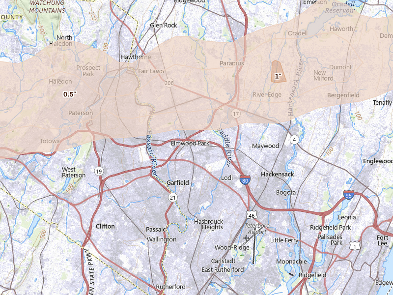 Radar-estimated hail-size map of the storm over Saddle Brook, NJ on Jul 21, 2026
