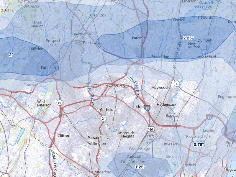 NEXRAD radar-signature map of the hail over Saddle Brook, NJ
