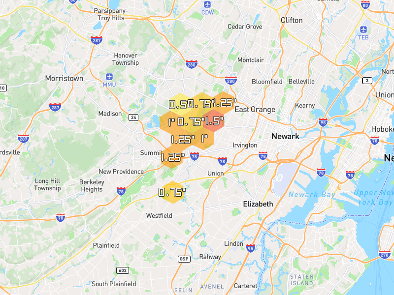 Hail map of Short Hills, NJ on Jul 28, 2026, hail up to 1.5"