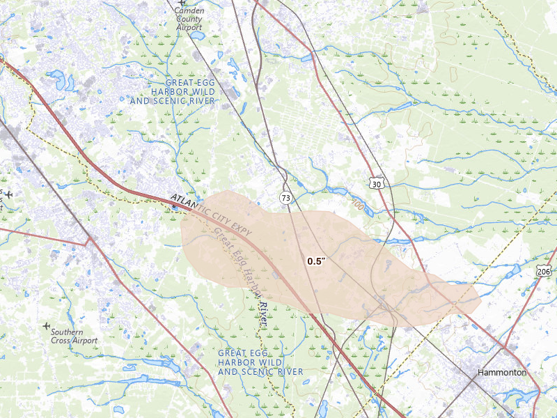 Radar-estimated hail-size map of the storm over Sicklerville, NJ on Jun 22, 2026