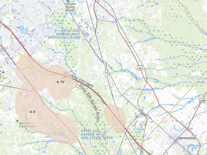 Radar-estimated hail-size map of the storm over Sicklerville, NJ on Jul 27, 2026