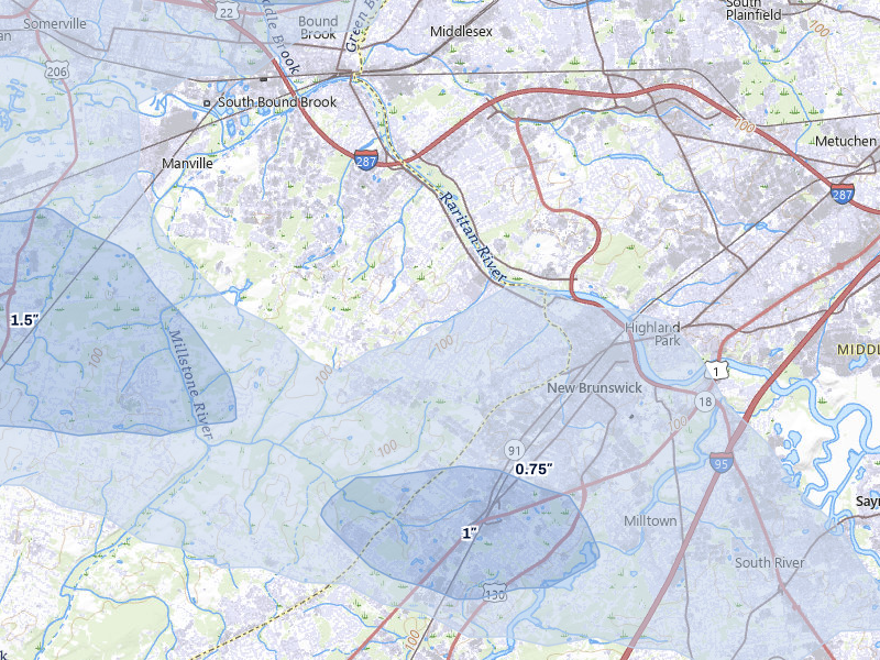 NEXRAD radar-signature map of the hail storm over Somerset, NJ on Jul 3, 2026