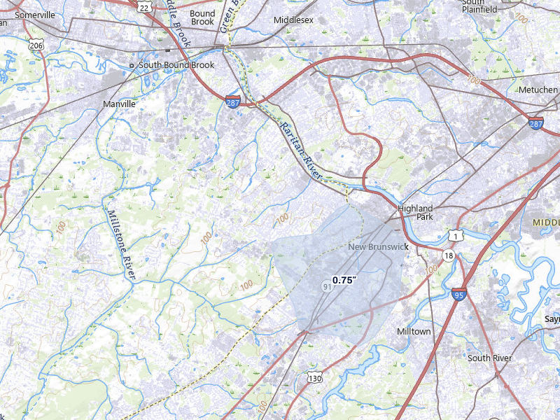 NEXRAD radar-signature map of the hail storm over Somerset, NJ on Jul 9, 2026