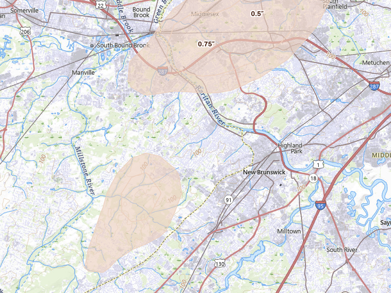Radar-estimated hail-size map of the storm over Somerset, NJ on Aug 7, 2026