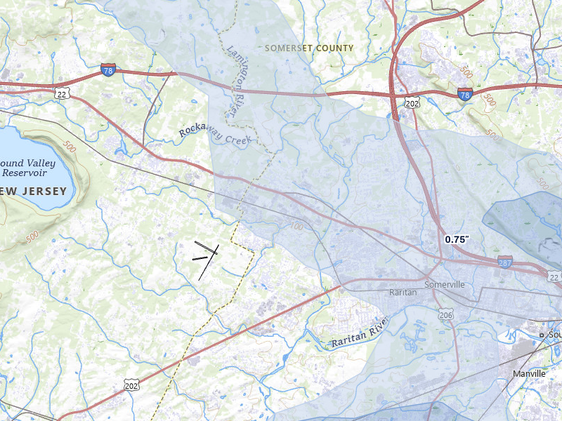 NEXRAD radar-signature map of the hail storm over Somerville, NJ on Jul 3, 2026