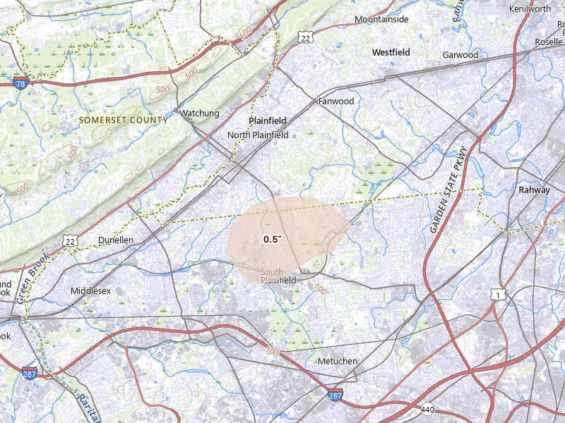 Radar-estimated hail-size map of the storm over South Plainfield, NJ on Jul 27, 2026