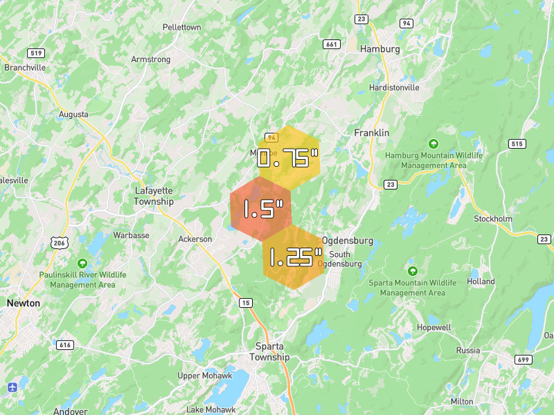 Hail map of Sparta, NJ on Jul 3, 2026, hail up to 1.5"