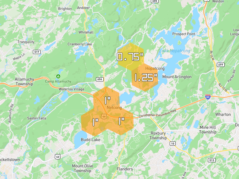 Hail map of Stanhope, NJ on Jul 3, 2026, hail up to 1.25"