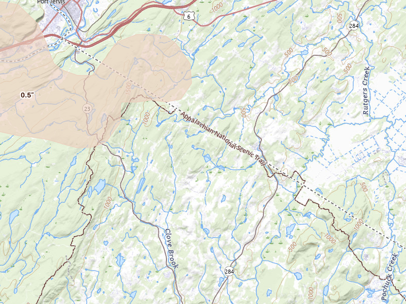Radar-estimated hail-size map of the storm over Sussex, NJ on Jul 3, 2026