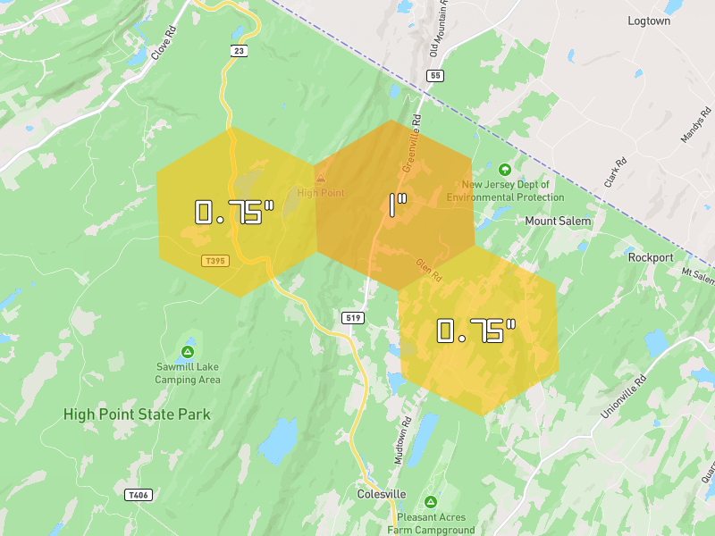 Hail map of Sussex, NJ on Jul 3, 2026, hail up to 1"