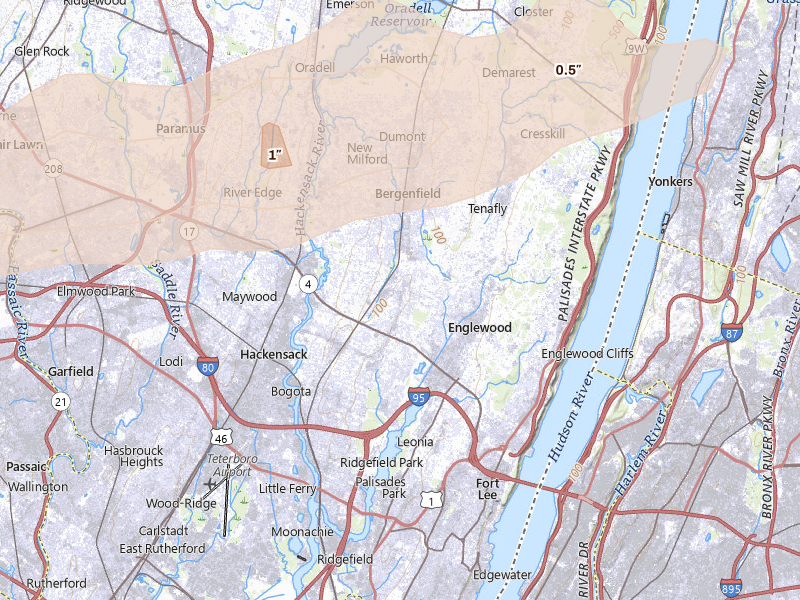 Radar-estimated hail-size map of the storm over Teaneck, NJ on Jul 21, 2026