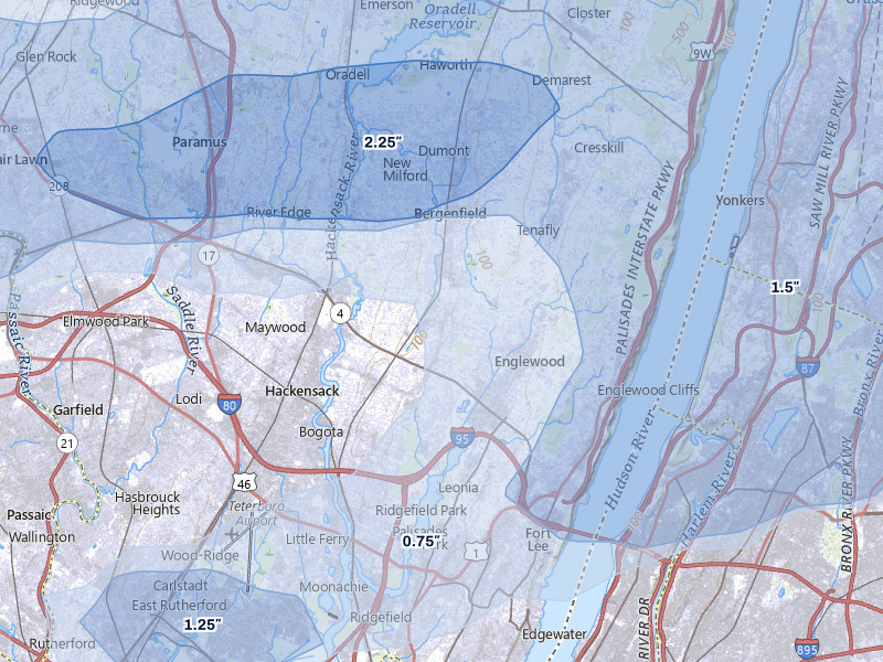 NEXRAD radar-signature map of the hail over Teaneck, NJ