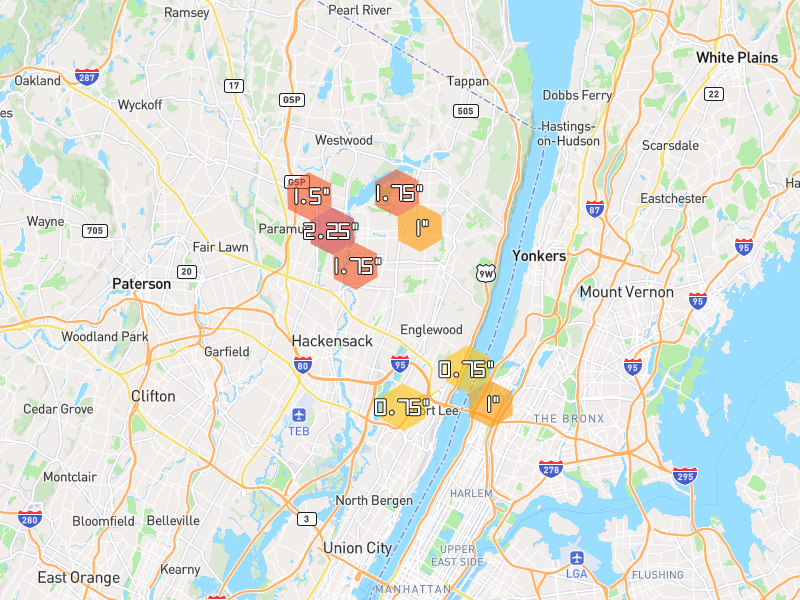 Hail map of Teaneck, NJ on Jul 21, 2026, hail up to 2.25"