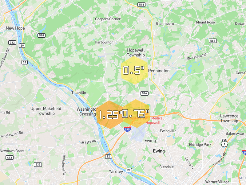 Hail map of Titusville, NJ on Jul 4, 2026, hail up to 1.25"