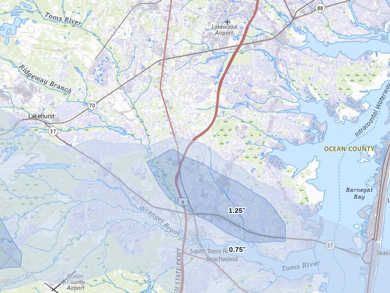 NEXRAD radar-signature map of the hail storm over Toms River, NJ on Jul 3, 2026