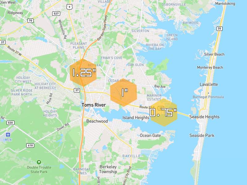 Hail map of Toms River, NJ on Jul 4, 2026, hail up to 1.25"