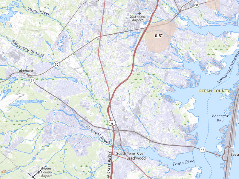 Radar-estimated hail-size map of the storm over Toms River, NJ on Jul 18, 2026