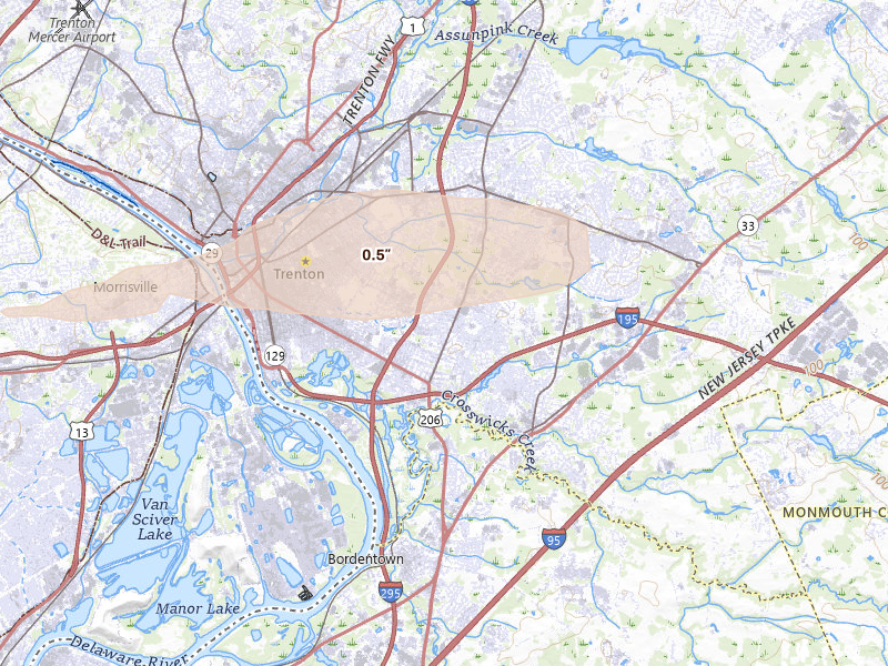Radar-estimated hail-size map of the storm over Trenton, NJ on Jul 18, 2026