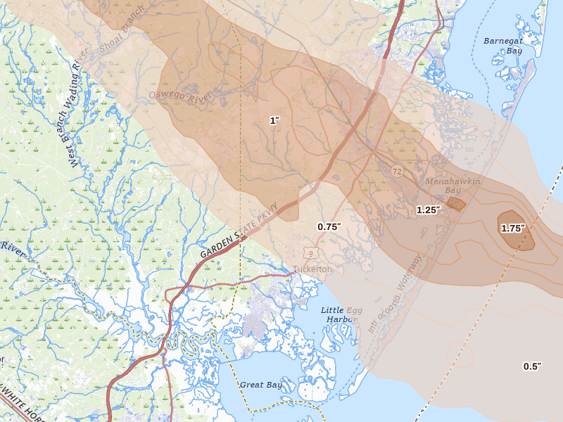 Radar-estimated hail-size map of the storm over Tuckerton, NJ on Jul 16, 2026