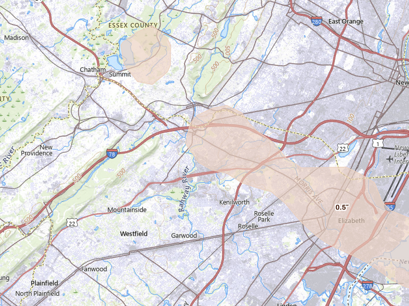 Radar-estimated hail-size map of the storm over Union, NJ on Jul 15, 2026