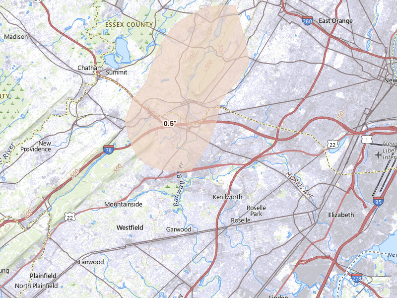 Radar-estimated hail-size map of the storm over Union, NJ on Jul 28, 2026