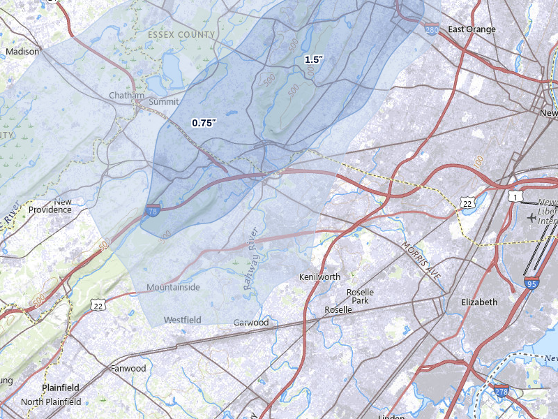 NEXRAD radar-signature map of the hail storm over Union, NJ on Jul 28, 2026