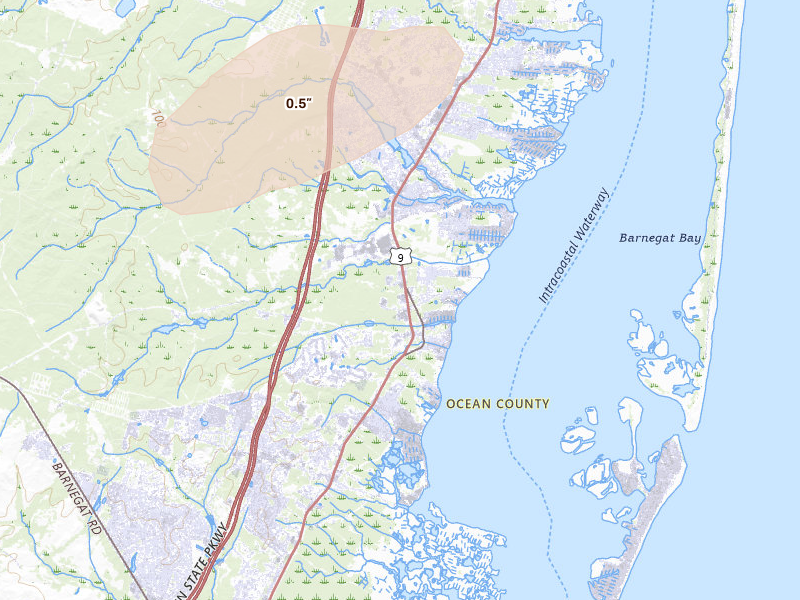 Radar-estimated hail-size map of the storm over Waretown, NJ on May 20, 2026