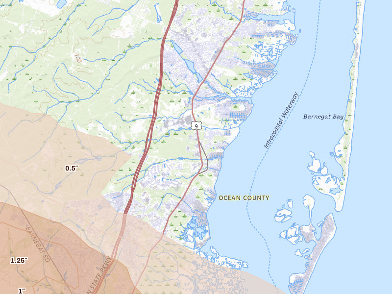 Radar-estimated hail-size map of the storm over Waretown, NJ on Jul 16, 2026