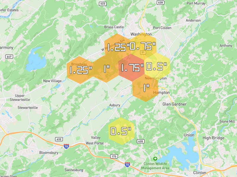 Hail map of Washington, NJ on Jul 28, 2026, hail up to 1.75"