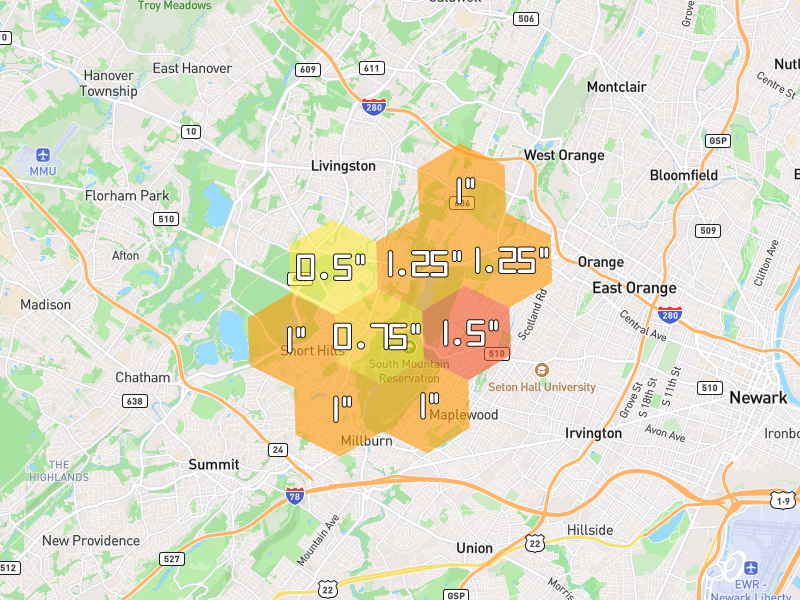 Hail map of West Orange, NJ on Jul 28, 2026, hail up to 1.5"