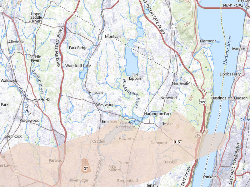 Radar-estimated hail-size map of the storm over Westwood, NJ on Jul 21, 2026