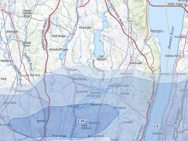 NEXRAD radar-signature map of the hail over Westwood, NJ