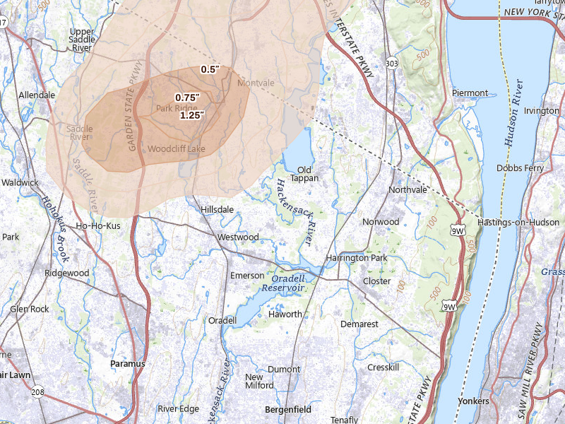 Radar-estimated hail-size map of the storm over Westwood, NJ on Aug 7, 2026