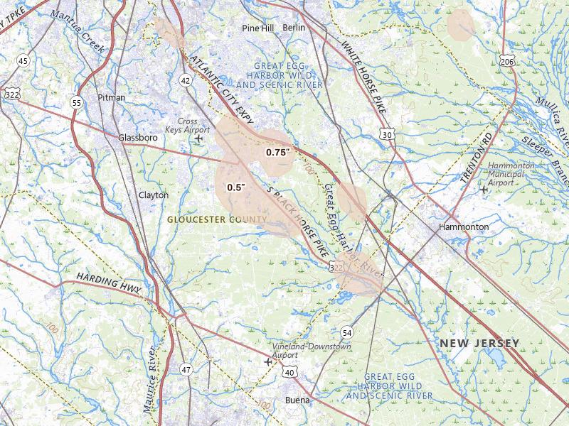 Radar-estimated hail-size map of the storm over Williamstown, NJ on Jul 27, 2026