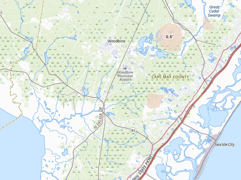Radar-estimated hail-size map of the storm over Woodbine, NJ on Jul 4, 2026