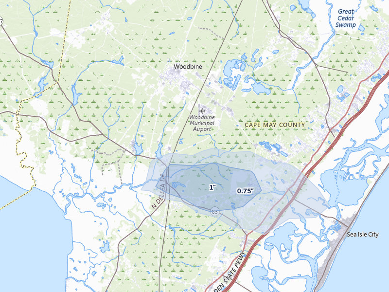 NEXRAD radar-signature map of the hail storm over Woodbine, NJ on Jul 4, 2026