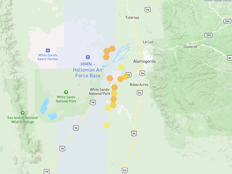 Hail map of Alamogordo, NM on Jun 2, 2026, hail up to 1.25"